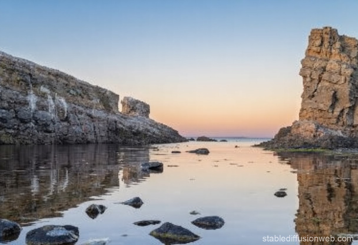 Calm Rocky Shore at Sunset