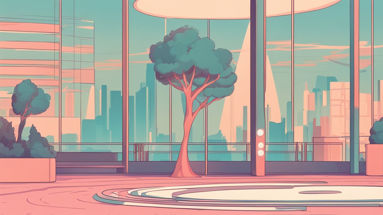 Calm Urban Courtyard with Trees and City Skyline