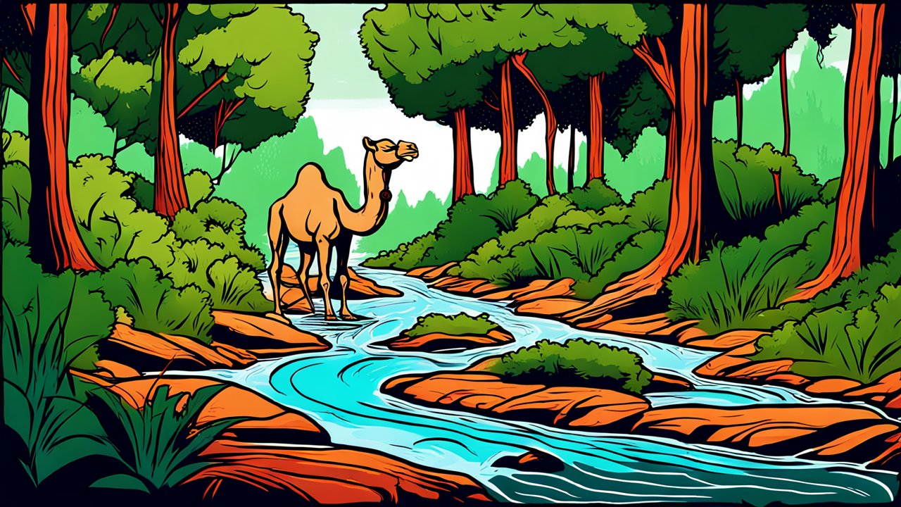 Camel by a Stream in a Vibrant Forest Illustration