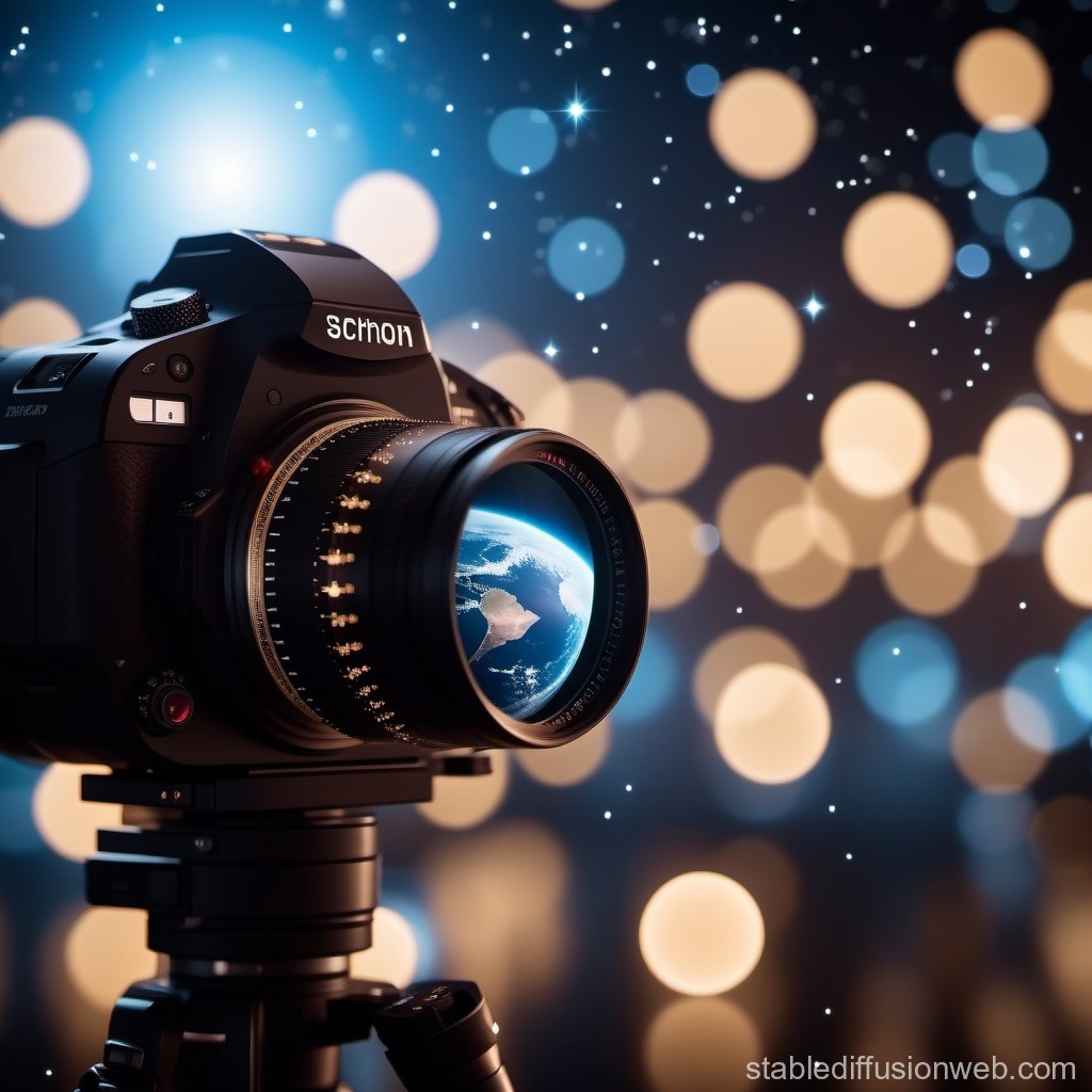 Camera Lens Reflecting Earth with Starry Bokeh Background