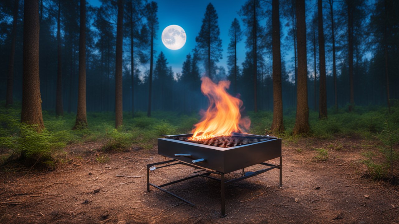 Campfire Grill Burning Bright Under Full Moon in Forest