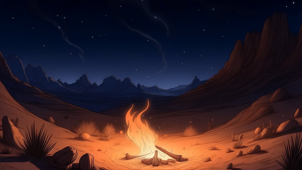 Campfire in a Desert Valley Under Starry Night