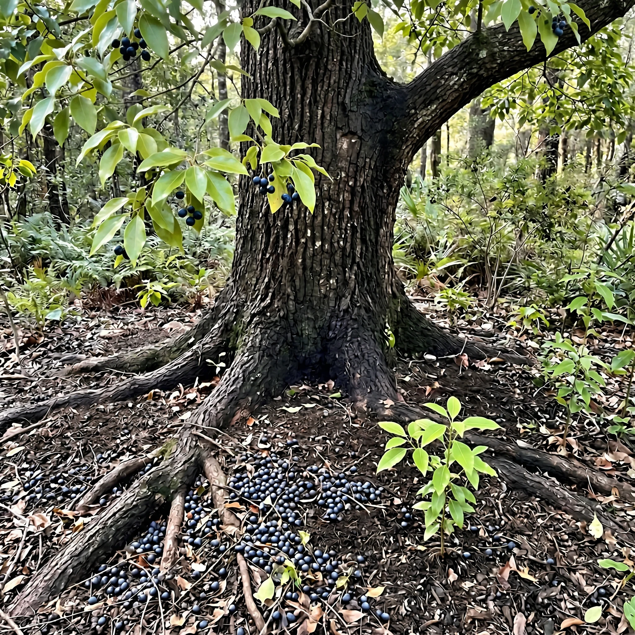 Camphor Laurel Tree with Fallen Berries in Forest