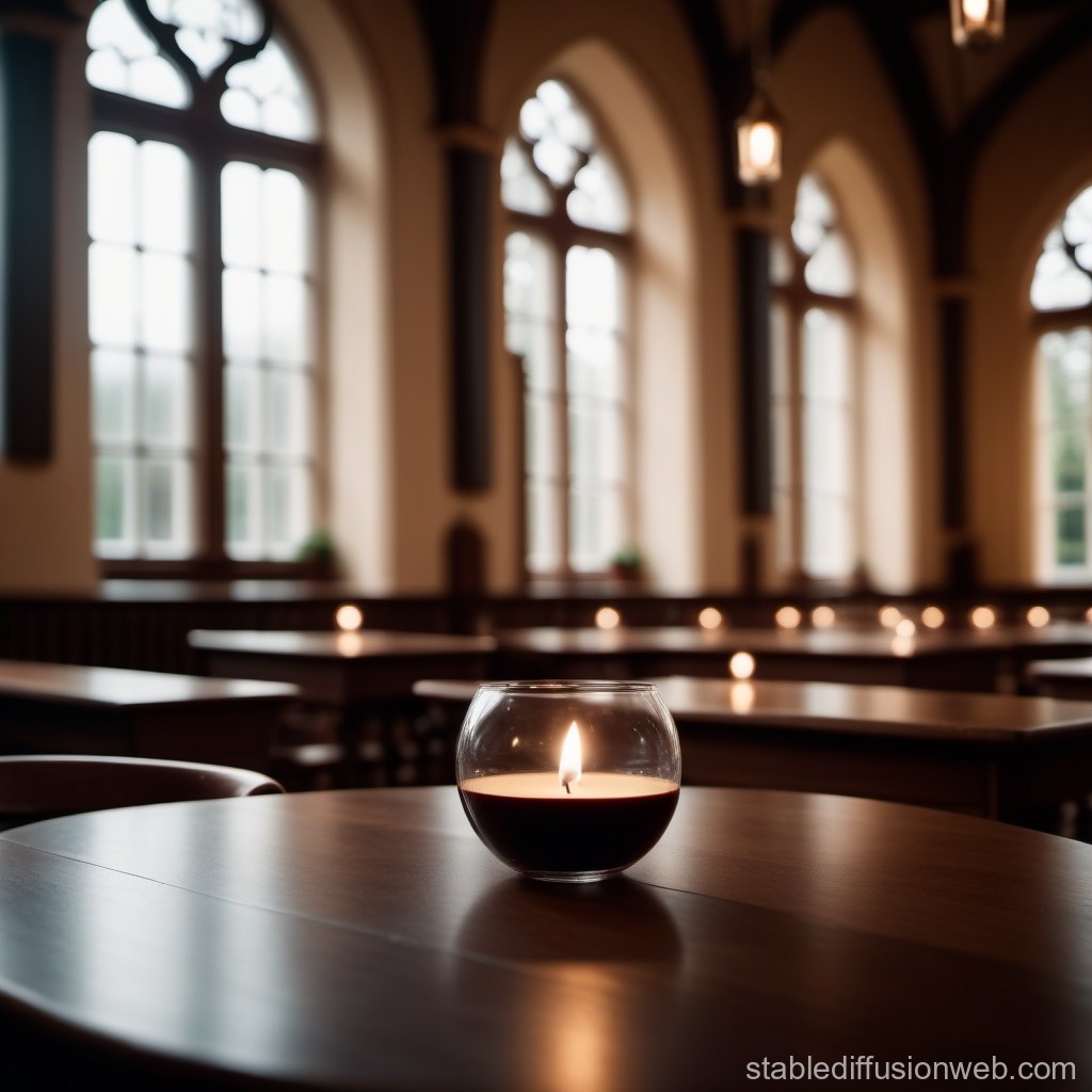 Candlelit Tables in a Historic Hall with Arched Windows