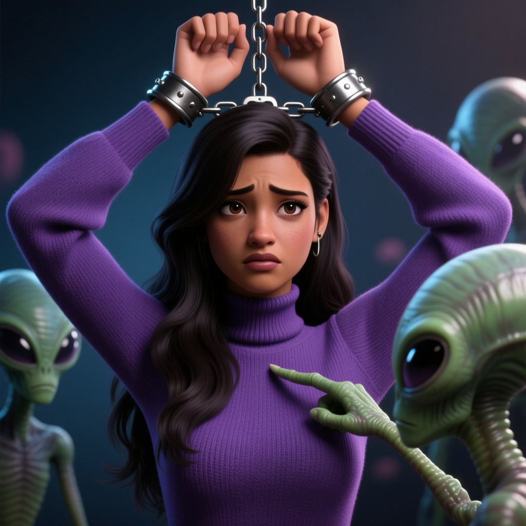 Captured Woman Surrounded by Aliens in Sci-Fi Scene