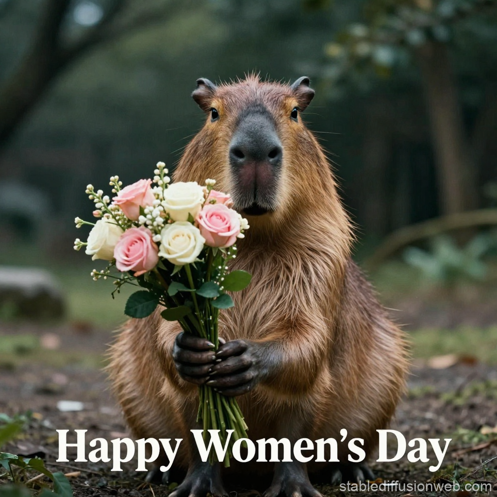 Capybara Holding Flower Bouquet for Women's Day
