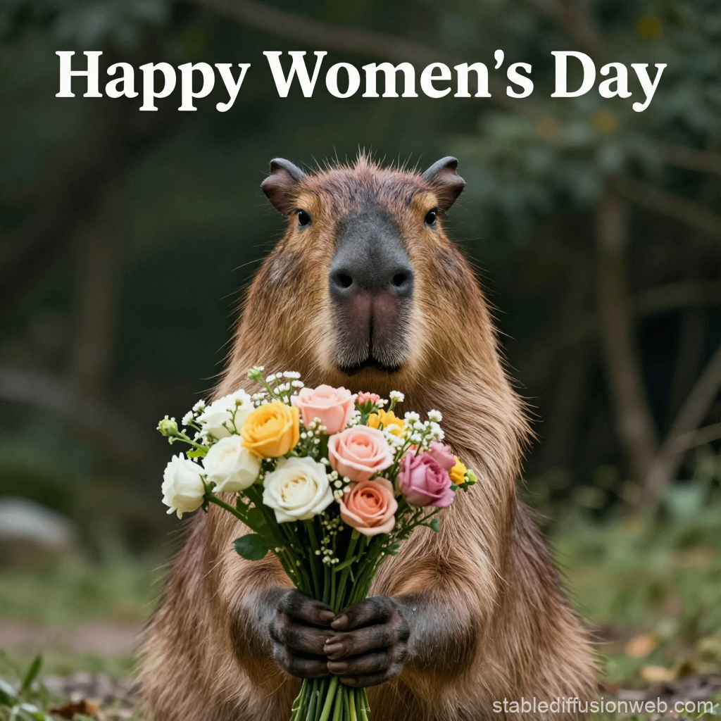Capybara Holding Flowers for Happy Women's Day