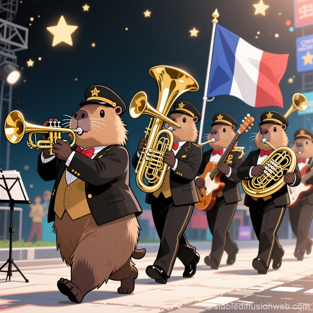 Capybara Marching Band Playing Brass Instruments