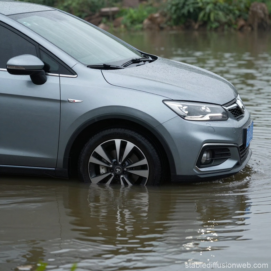 Car Partially Submerged in Flooded Water