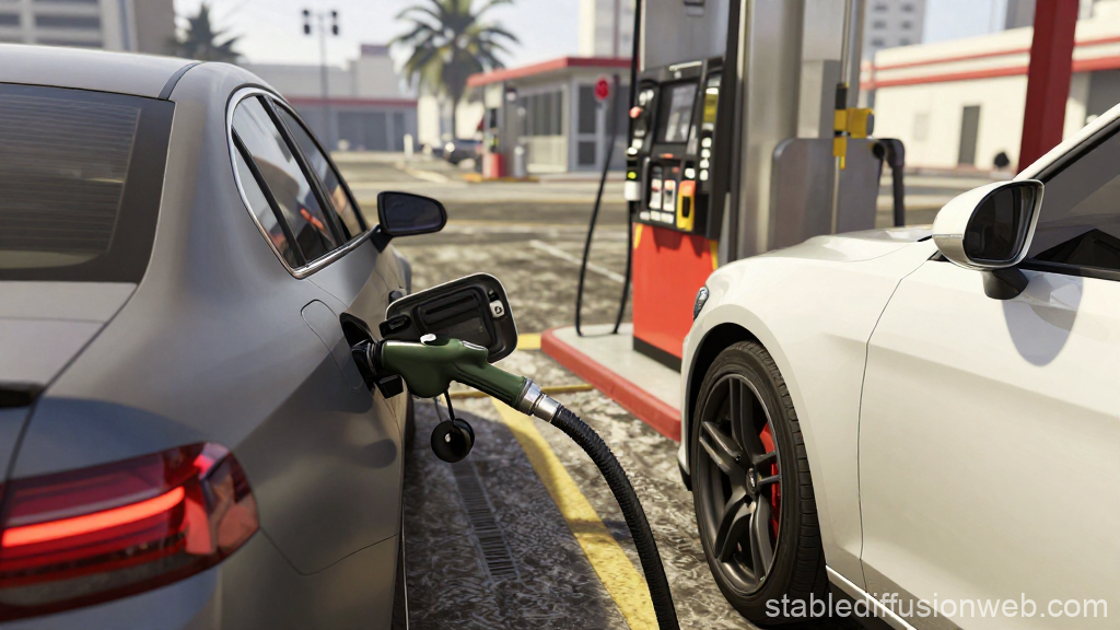 Car Refueling at Gas Station in Urban Setting