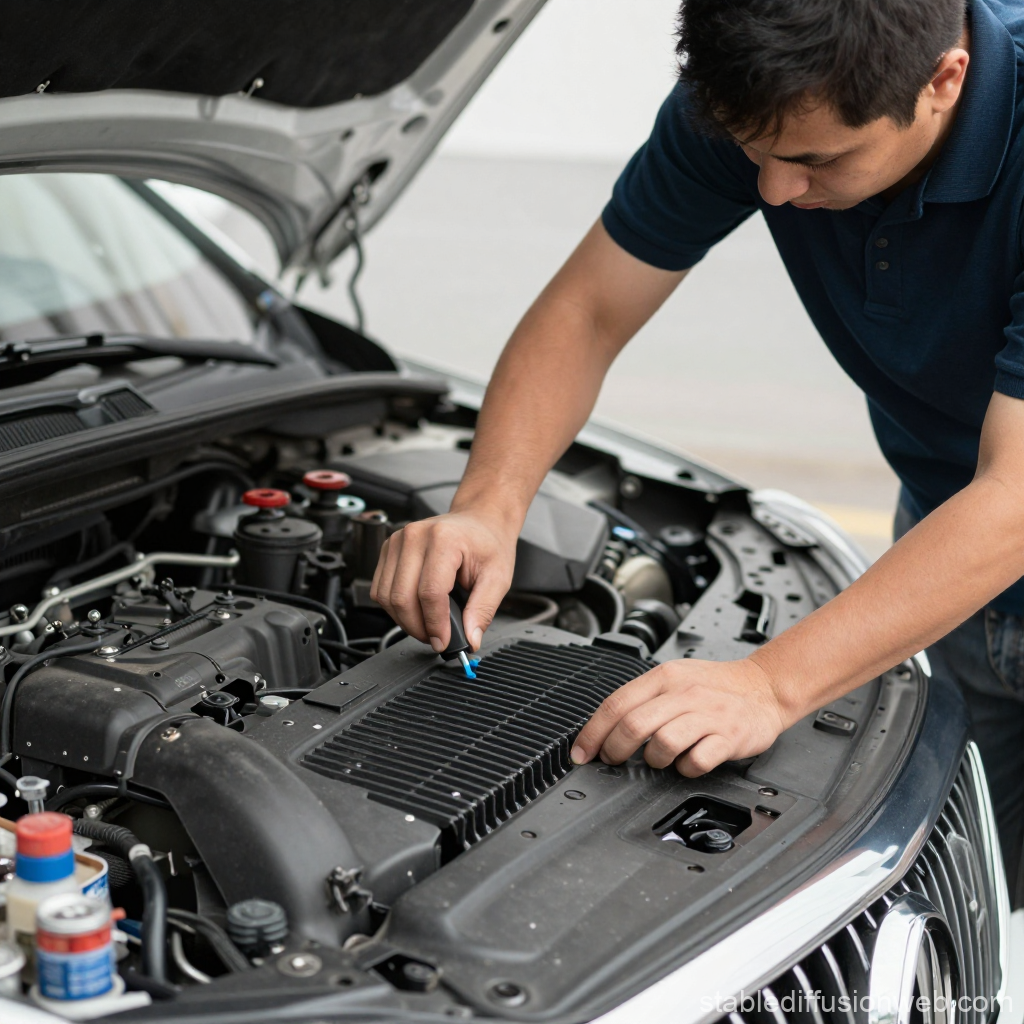 Car Service Worker Inspecting Engine Components