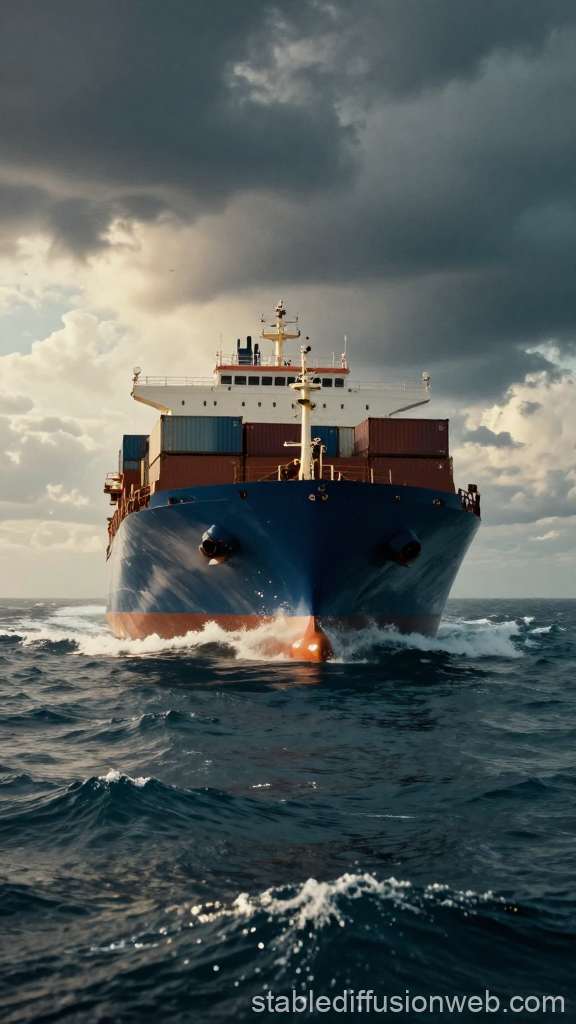 Cargo Ship Sailing Through Ocean Waves Under Dramatic Sky