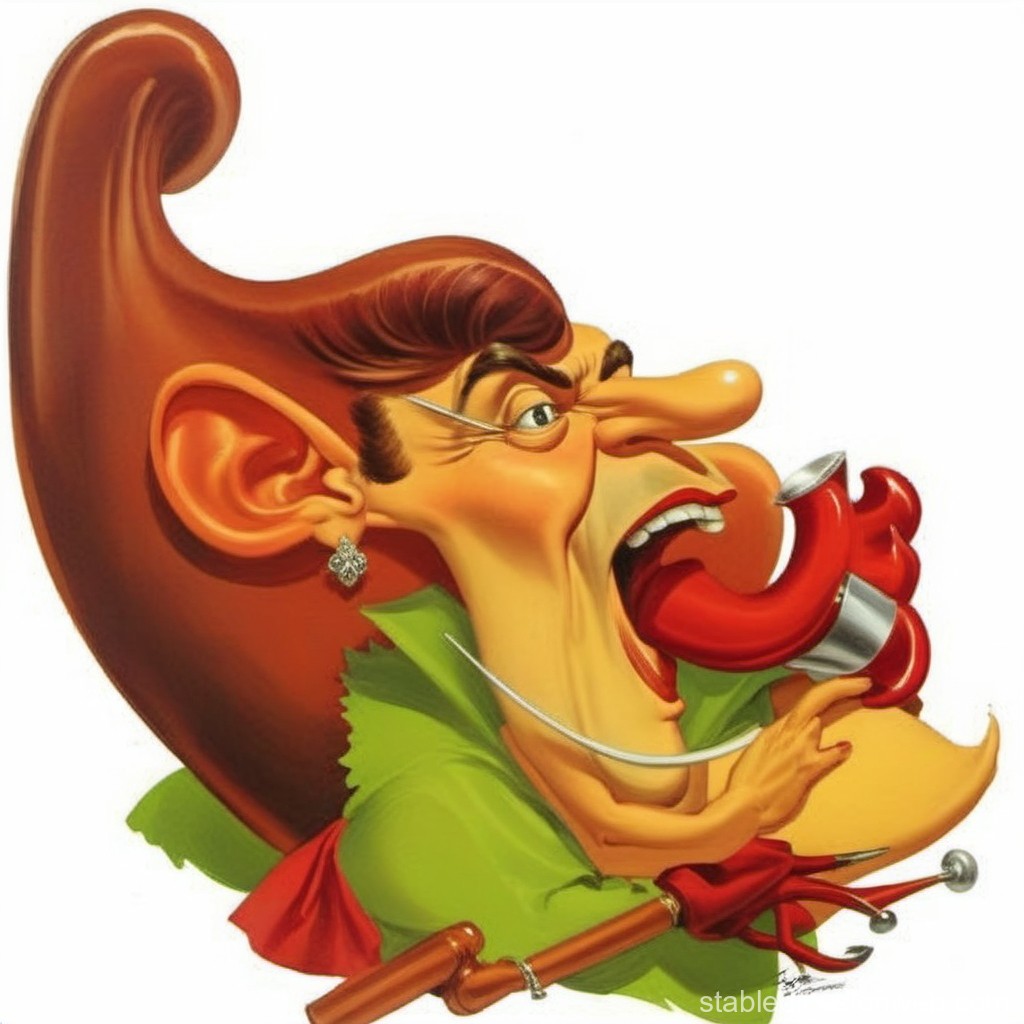 Caricature of a Man Playing a Red Horn Instrument