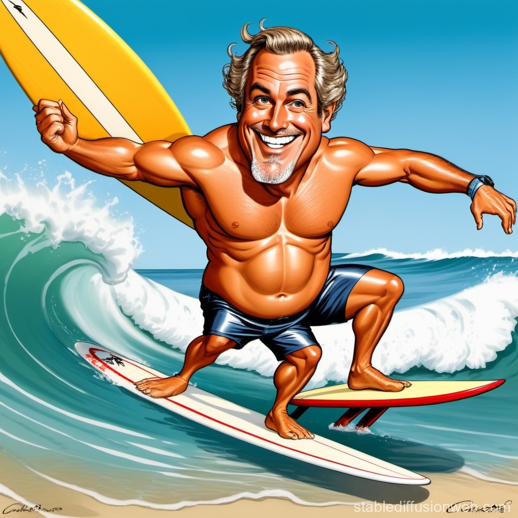 Caricature of a Muscular Surfer Riding a Wave