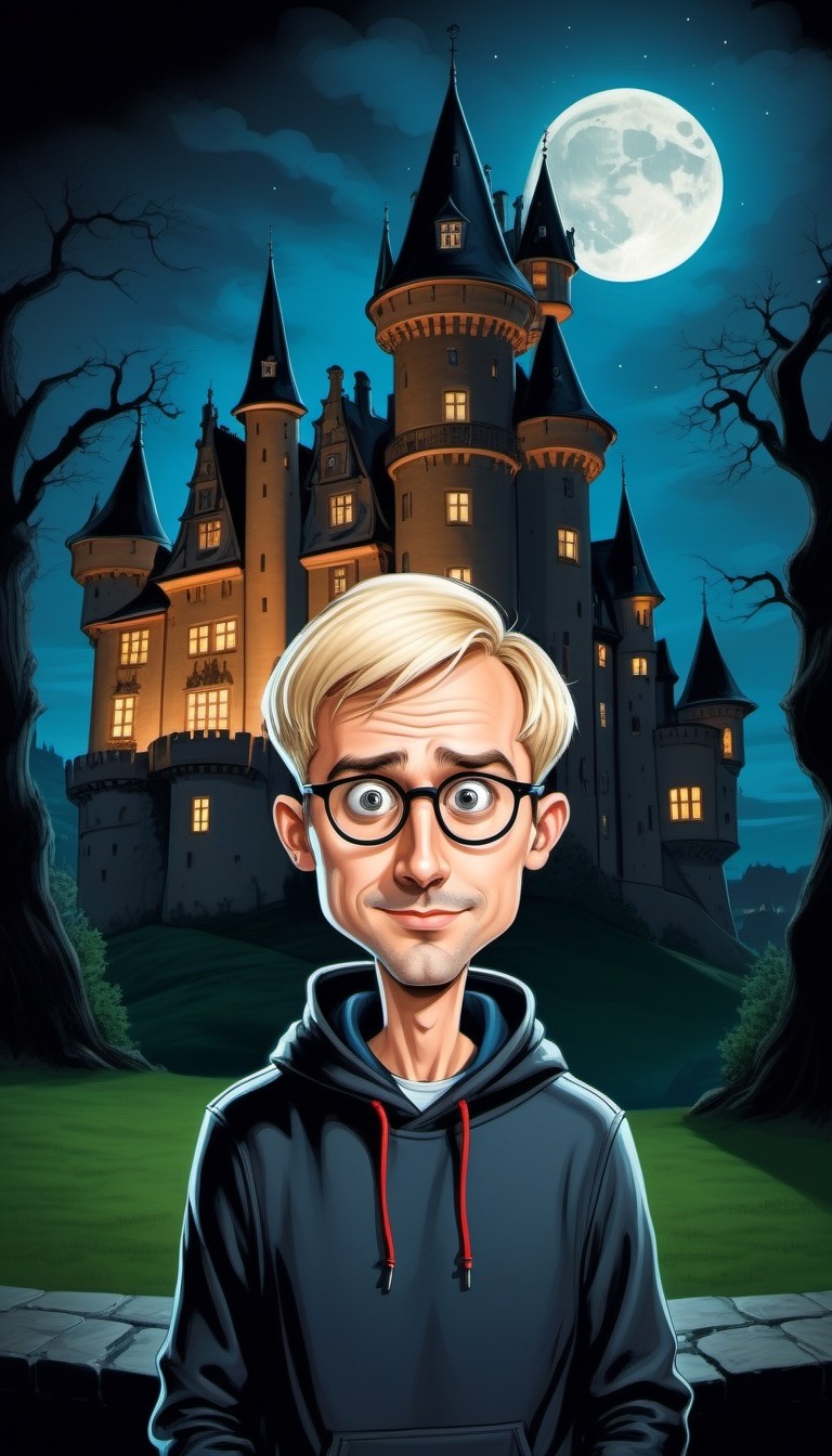 Caricature of a Young Man in Front of a Moonlit Castle