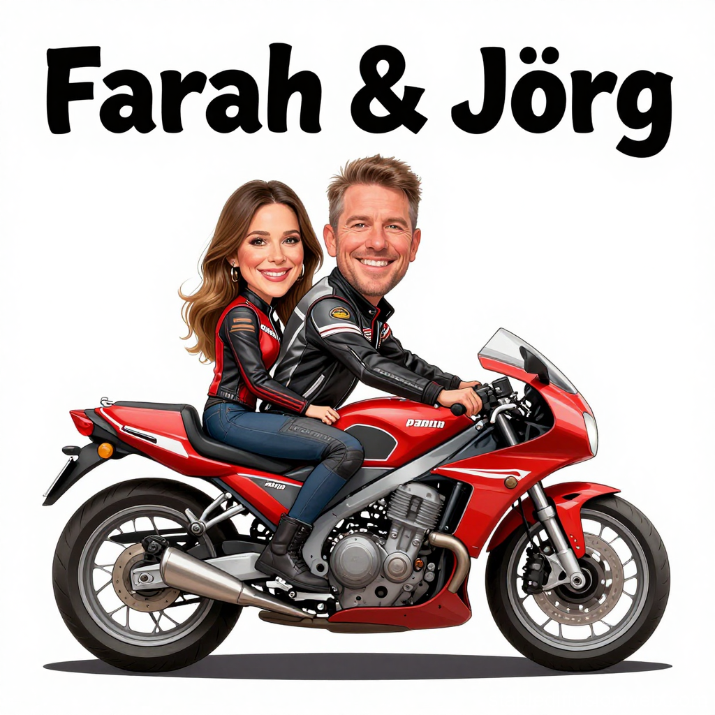Caricature of Farah & Jörg Riding a Red Motorcycle