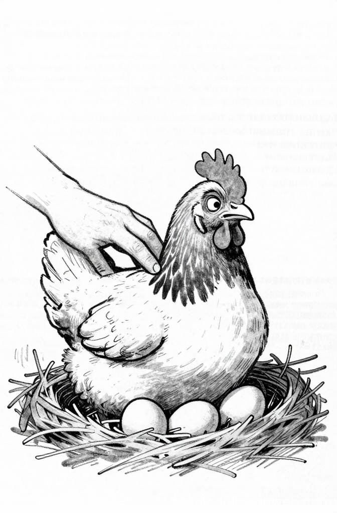 Caricature of Hen Protecting Eggs with Human Hand