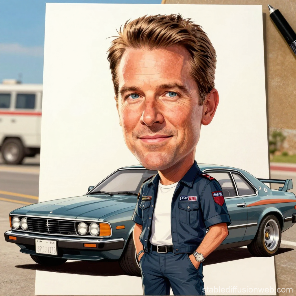 Caricature of Man with Classic Car Illustration