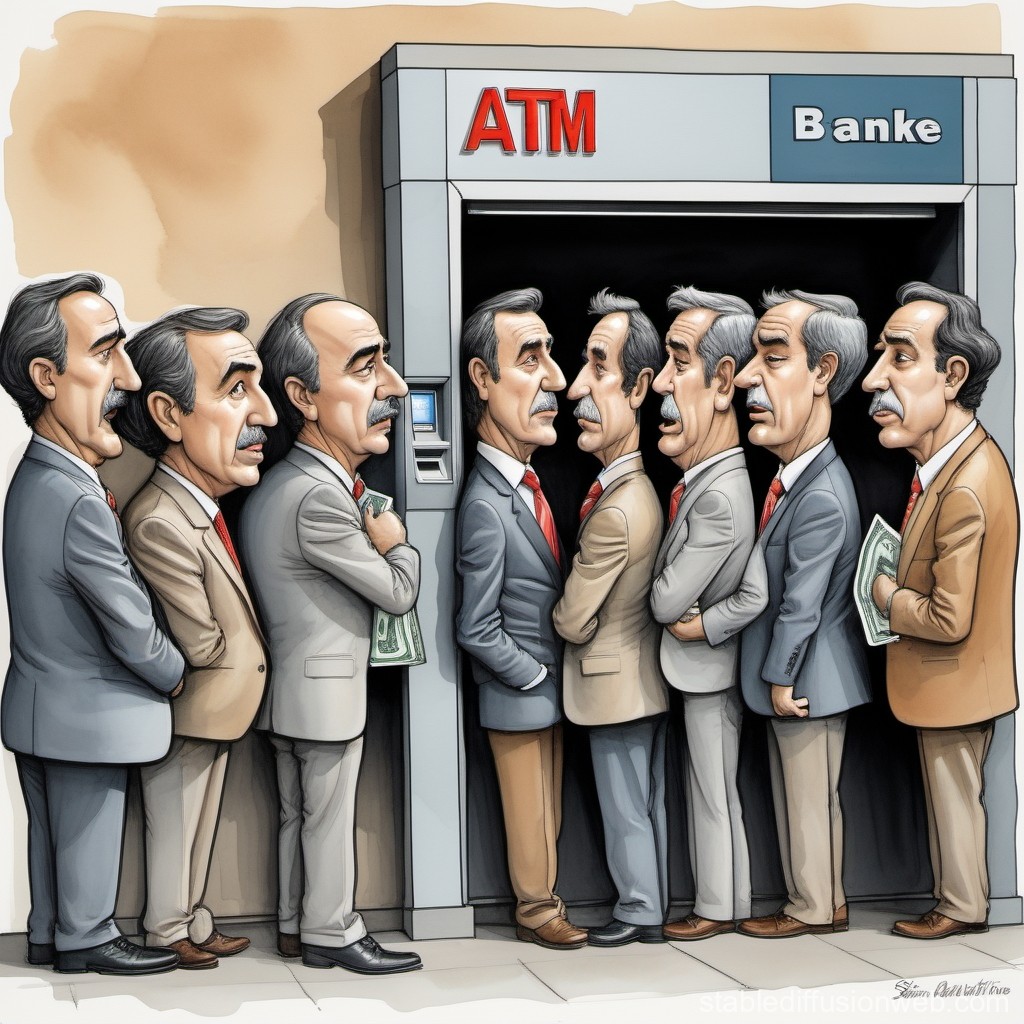 Caricature of Men Waiting in Long ATM Queue