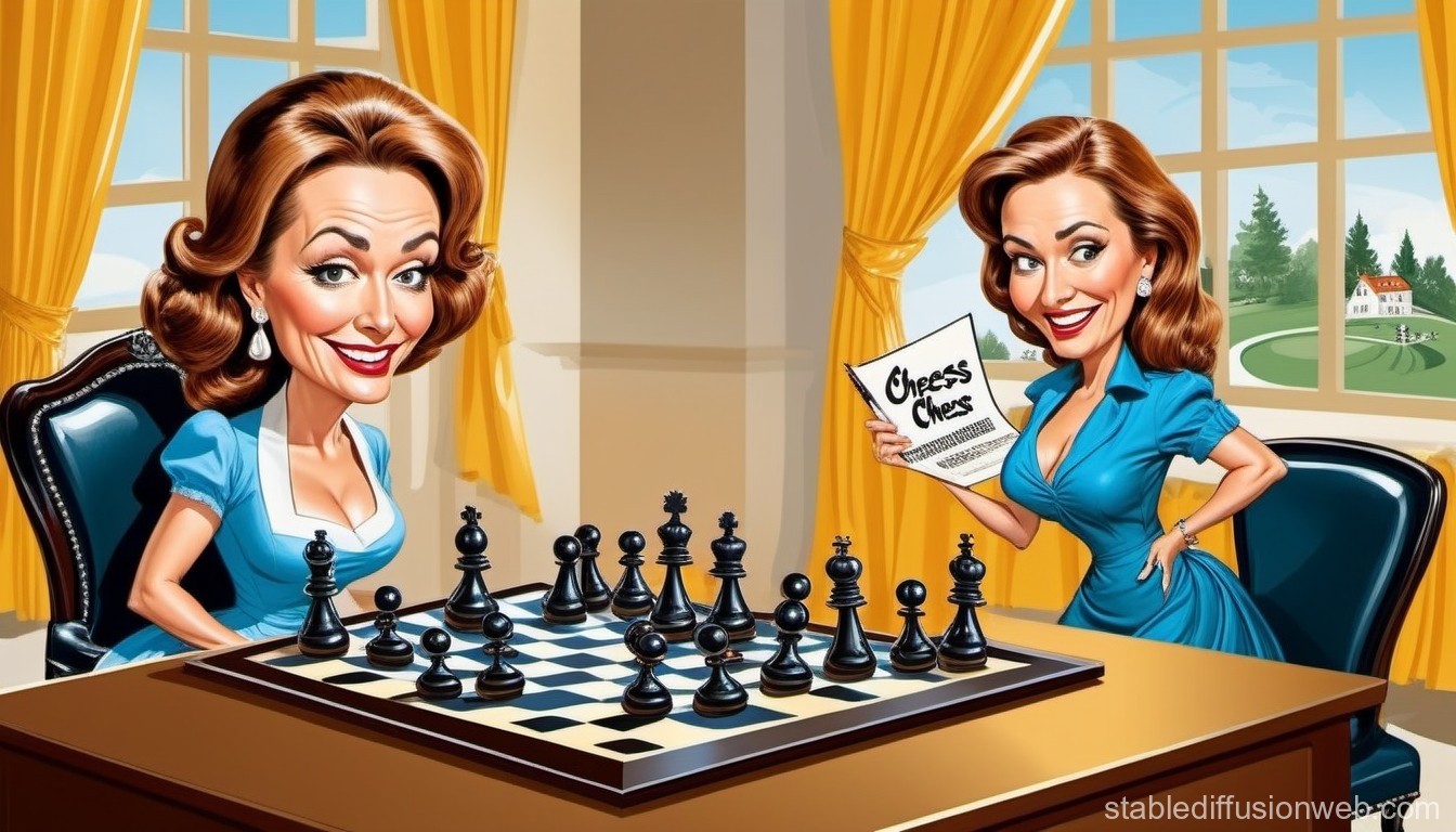Caricature Women Playing Chess in Elegant Room
