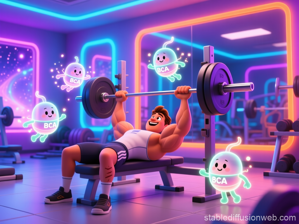 Cartoon Athlete Lifting Weights with Cheerful BCAA Characters