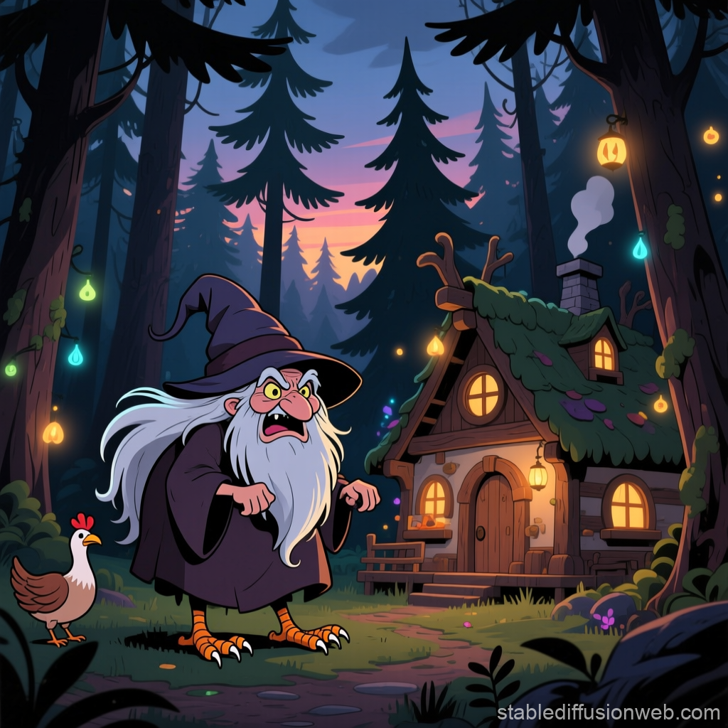 Cartoon Baba Yaga with Chicken in Enchanted Forest