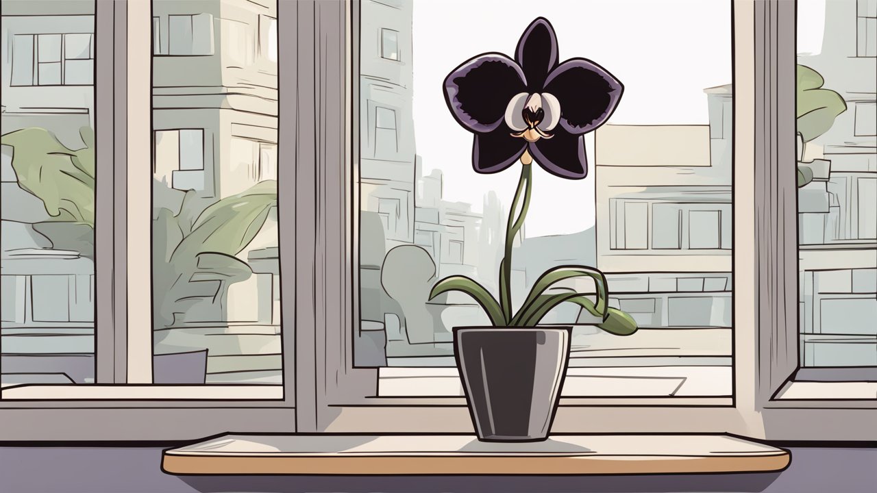Cartoon Black Orchid on a Windowsill with Urban Background