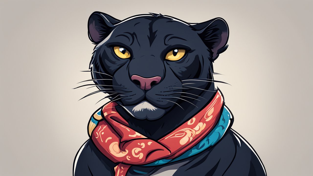 Cartoon Black Panther with Colorful Scarf
