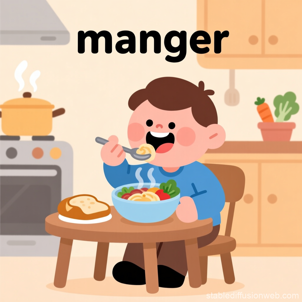 Cartoon Boy Enjoying a Hot Meal at the Table