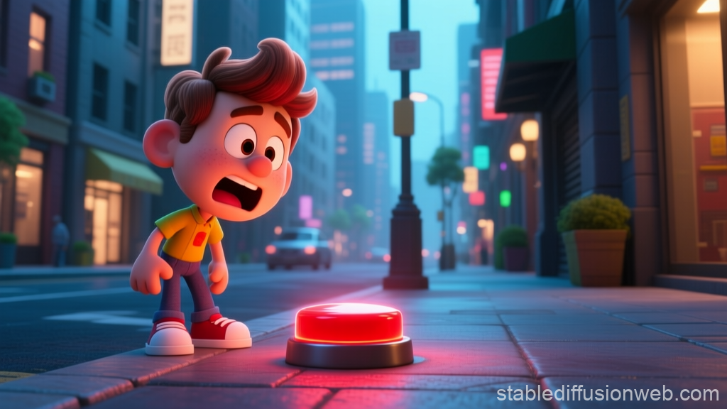 Cartoon Boy Surprised by Glowing Red Button on City Sidewalk