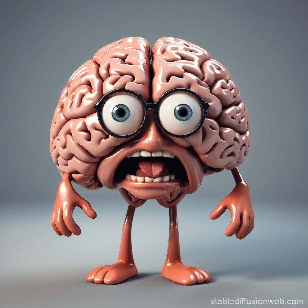 Cartoon Brain Character with Glasses and Expressive Face