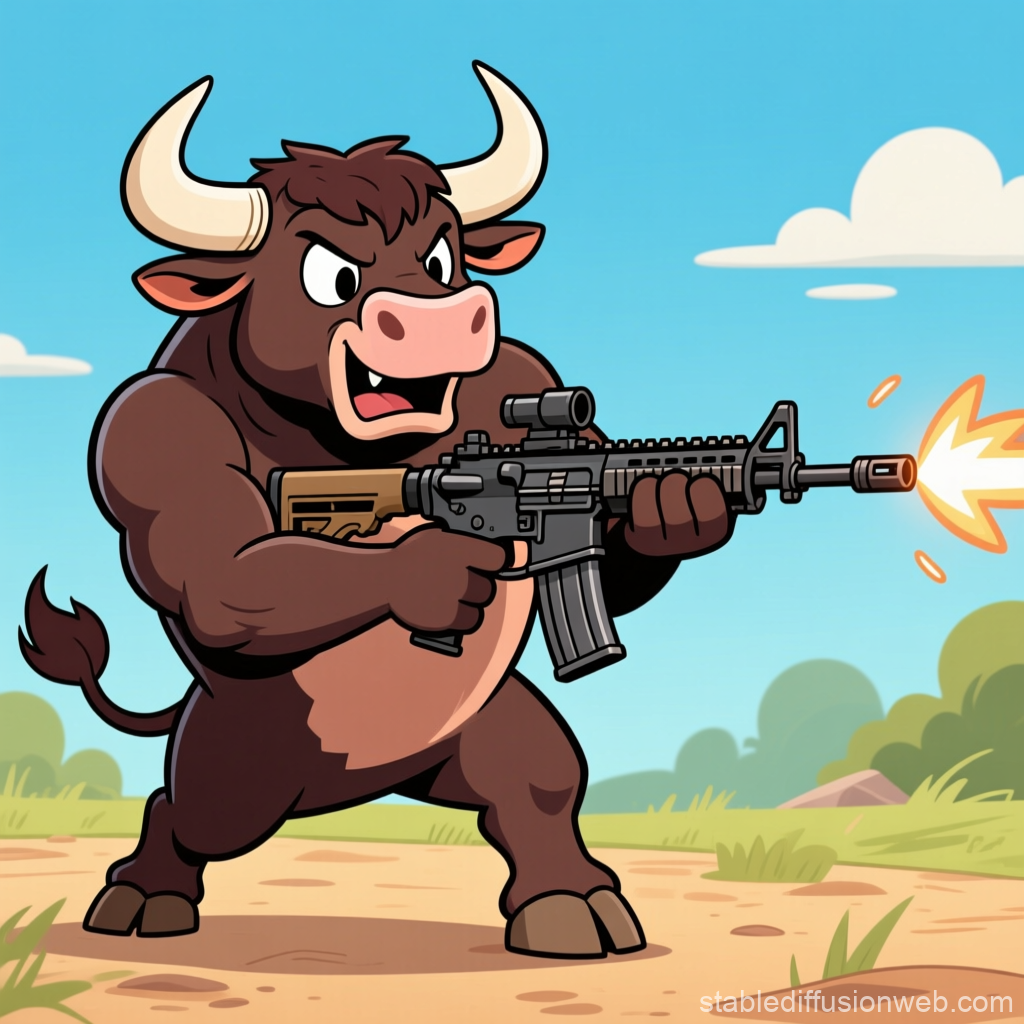 Cartoon Bull Firing AR-15 Rifle