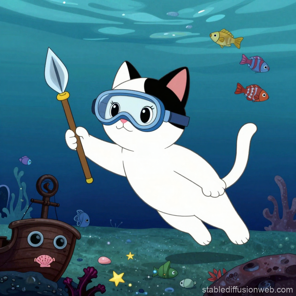 Cartoon Cat Diver Exploring Underwater