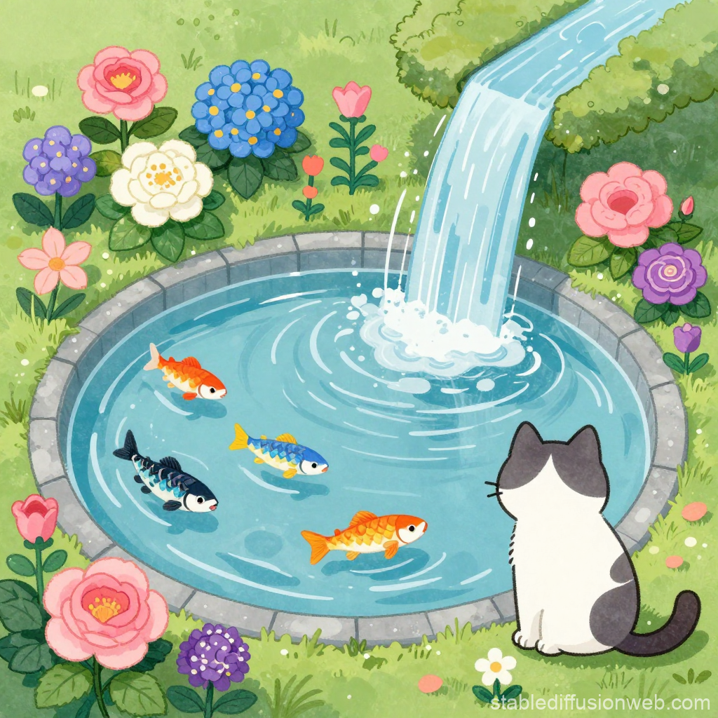 Cartoon Cat Watching Colorful Koi Fish in a Garden Pond