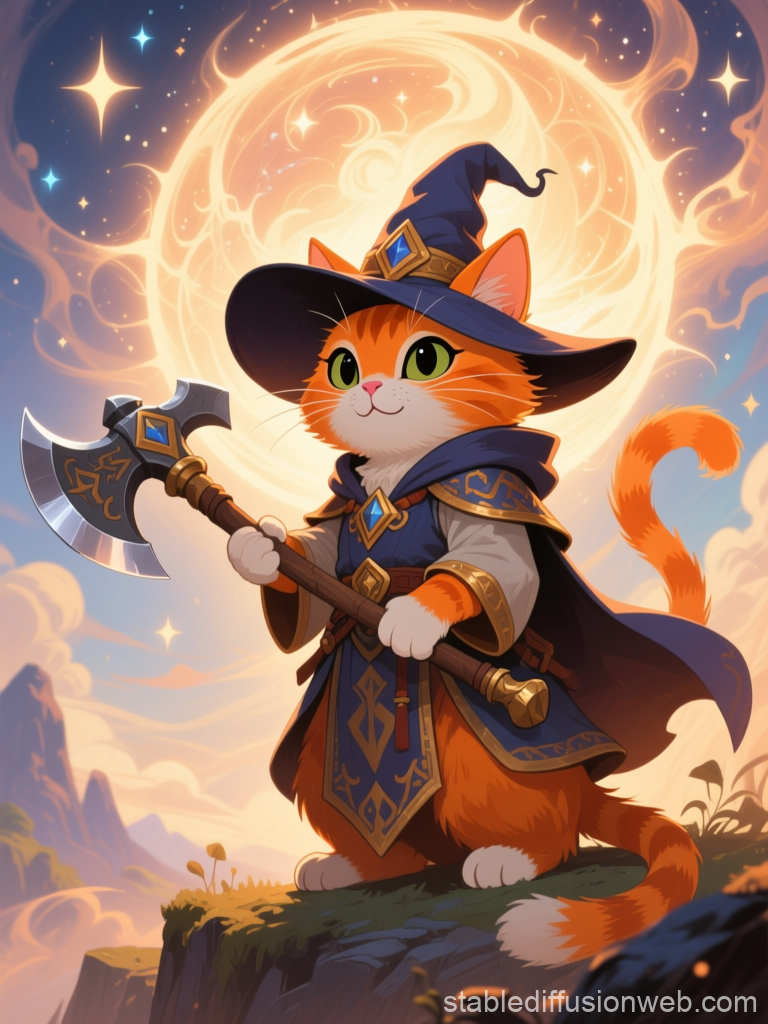 Cartoon Cat Wizard Holding Magical Axe Under Glowing Moon