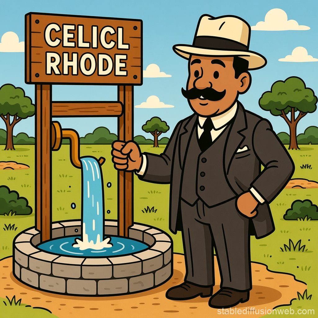 Cartoon Character Cecil Rhodes by a Water Pump