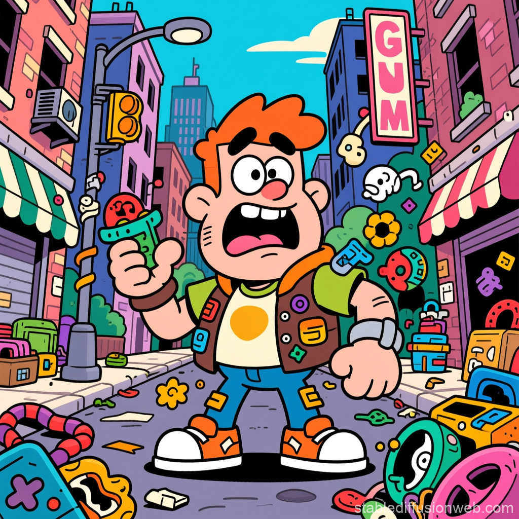 Cartoon Character in Vibrant Urban Street Scene