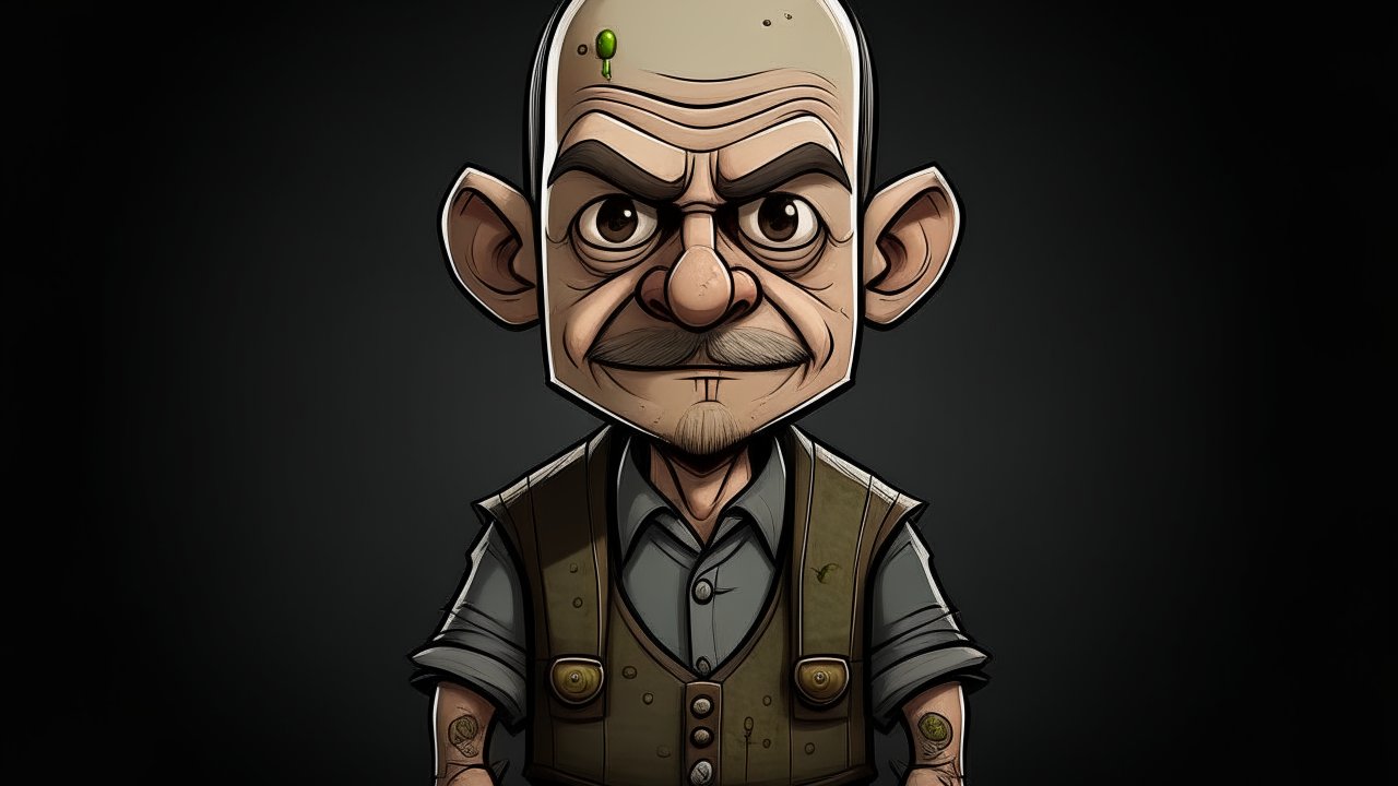 Cartoon Character of a Stern Bald Man with Tattoos