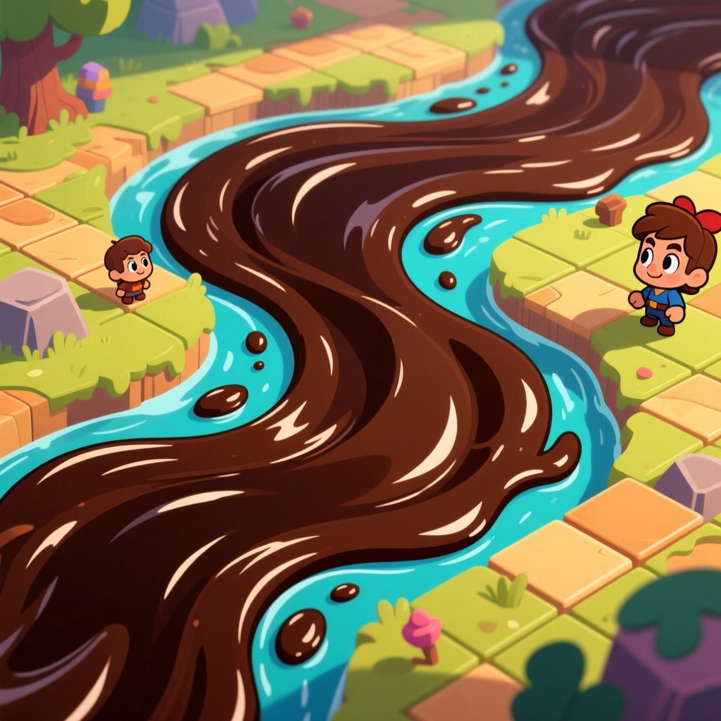 Cartoon Characters by a Flowing Chocolate River