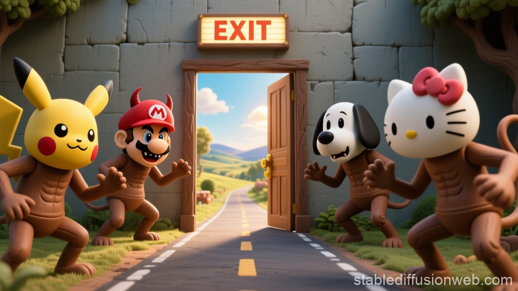 Cartoon Characters Guarding an Exit Door to a Sunny Road