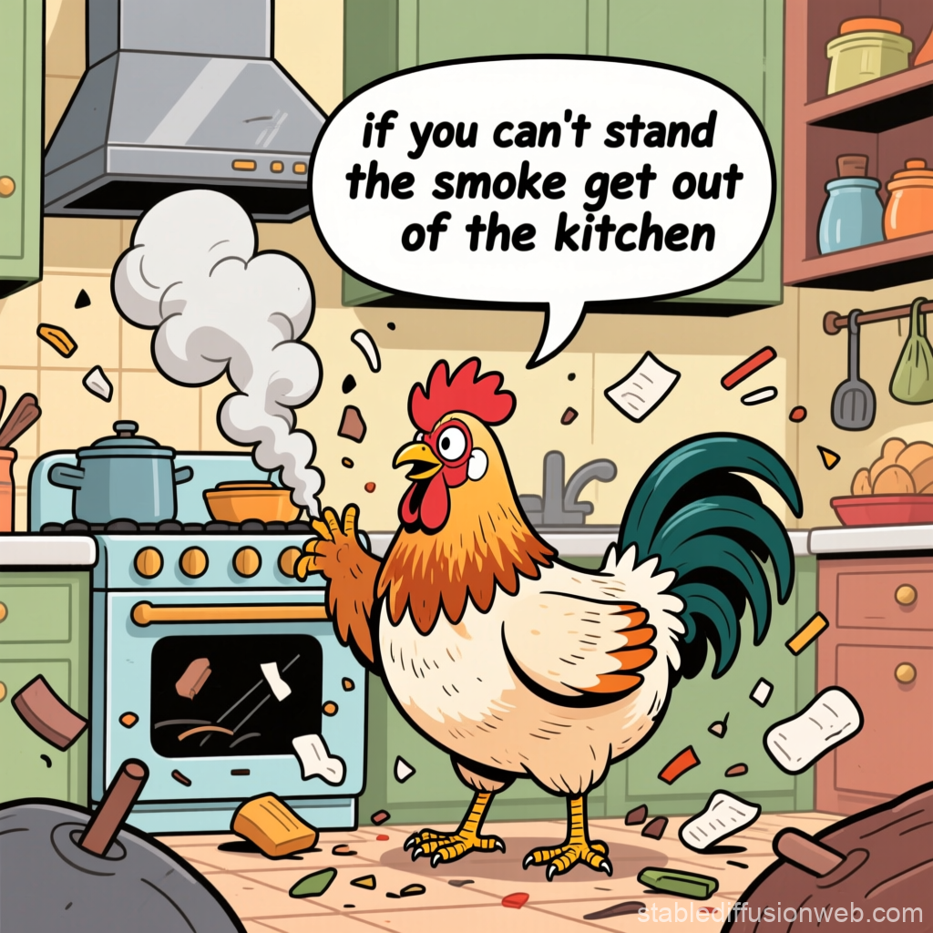 Cartoon Chicken in Smoky Kitchen with Bold Message