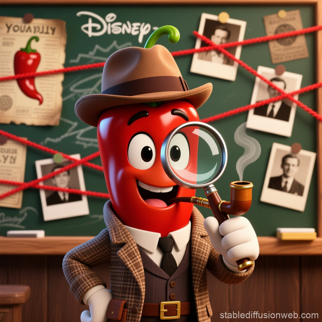 Cartoon Chili Pepper Detective with Magnifying Glass and Pipe
