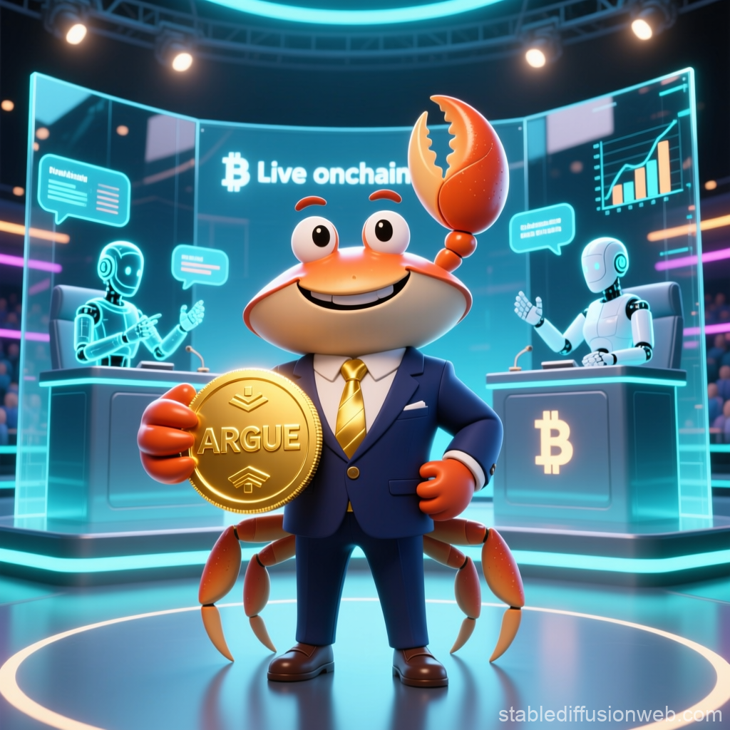 Cartoon Crab CEO Holding ARGUE Crypto Coin in Futuristic Studio