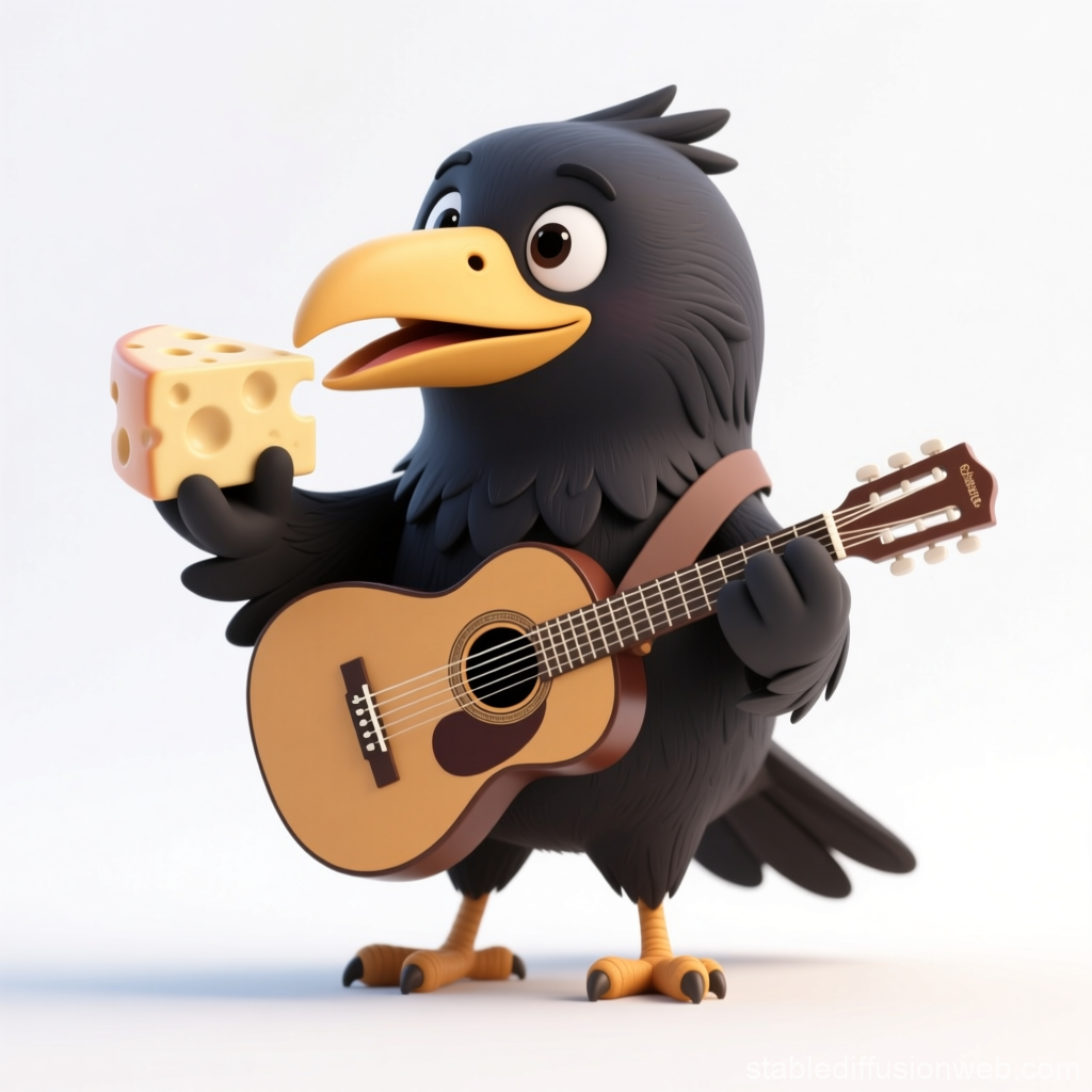 Cartoon Crow Playing Guitar and Holding Cheese