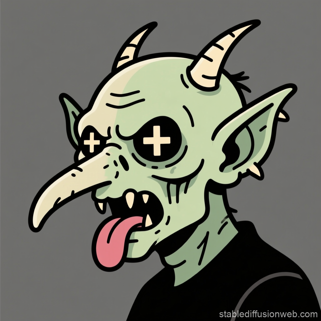 Cartoon Dead Goblin Head with Crossed-Out Eyes