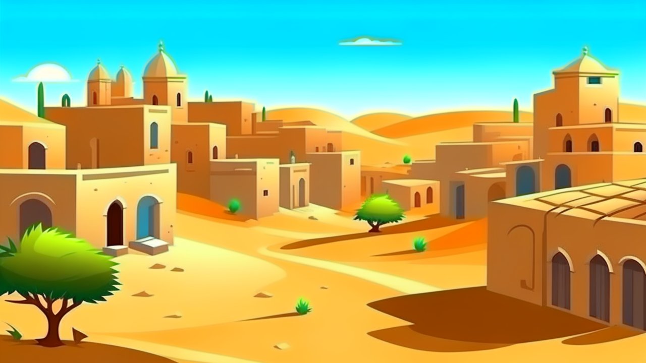 Cartoon Desert Village with Sandy Buildings and Trees