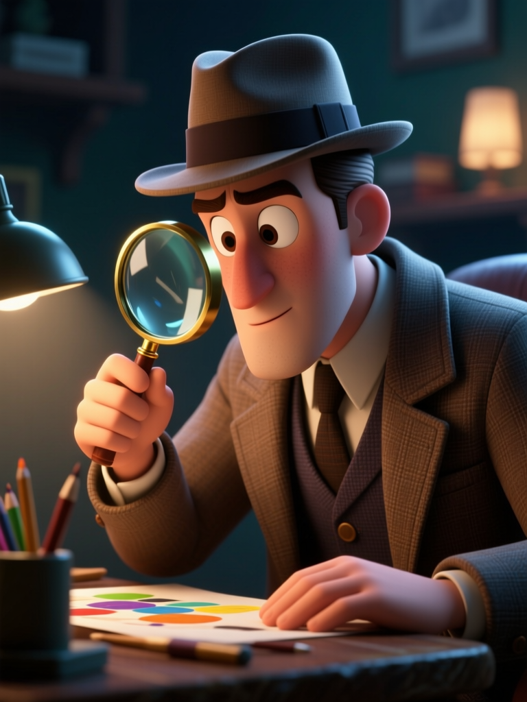 Cartoon Detective Examining Clues with Magnifying Glass