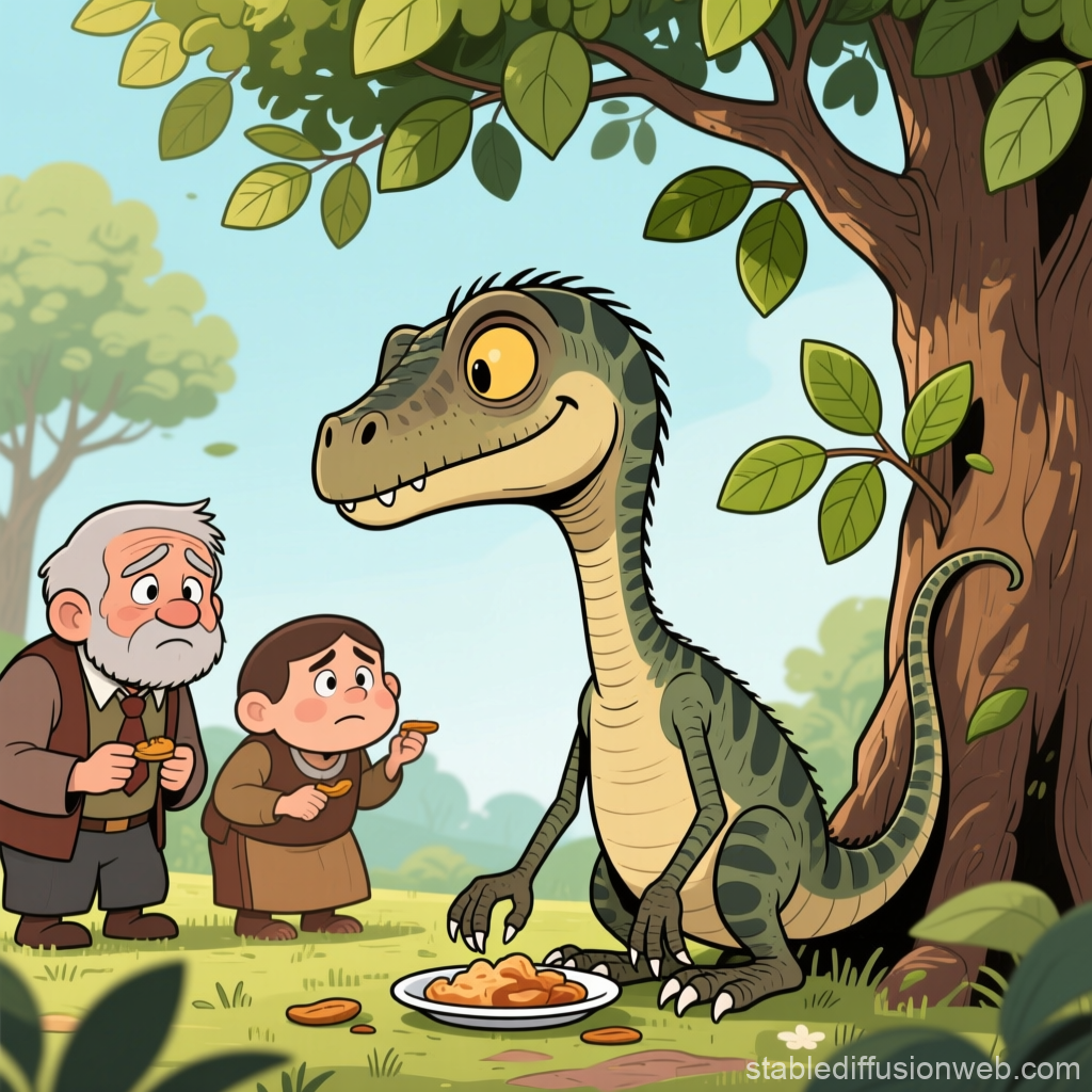 Cartoon Dinosaur Sharing Food with Worried Humans