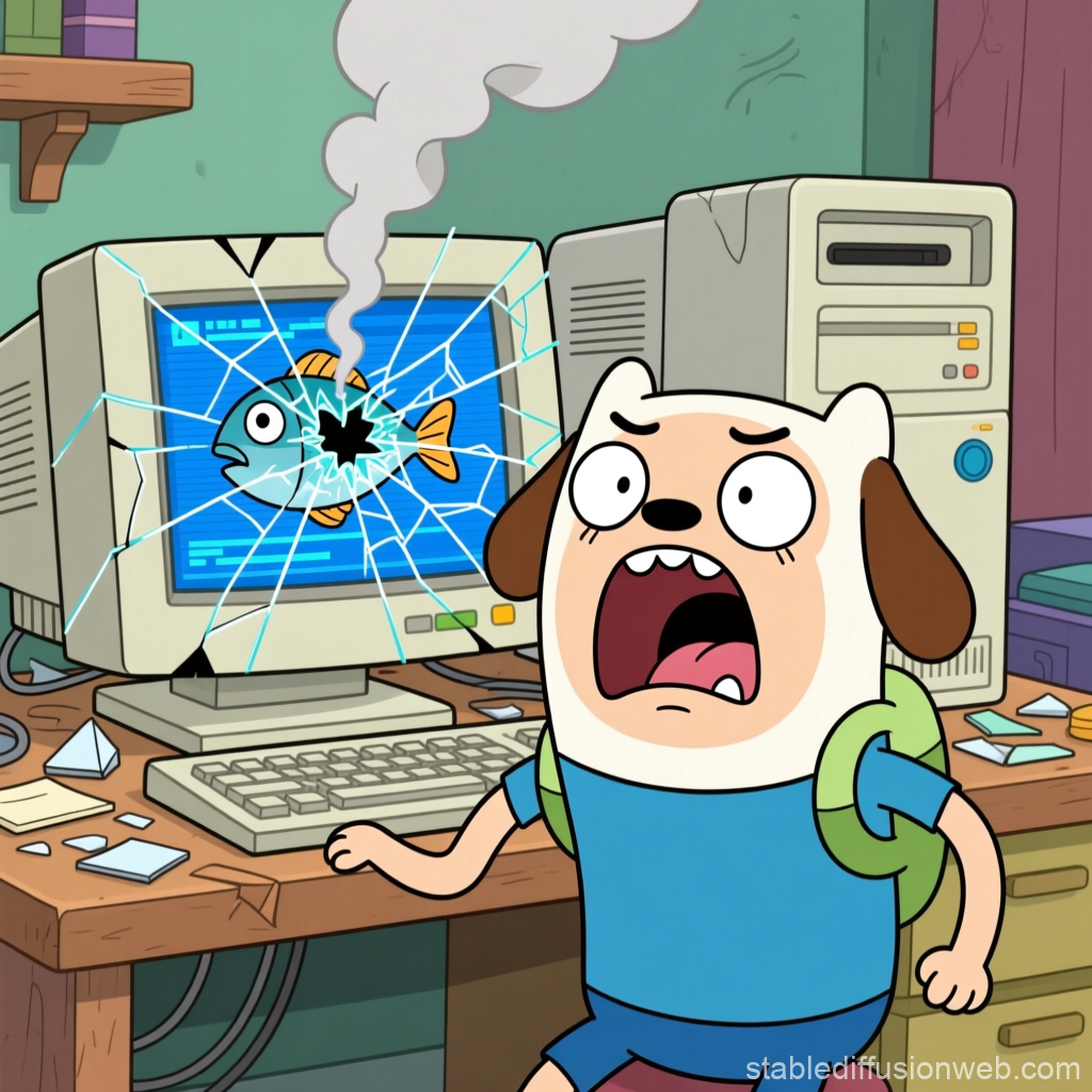 Cartoon Dog Character Shocked by Broken Computer Screen