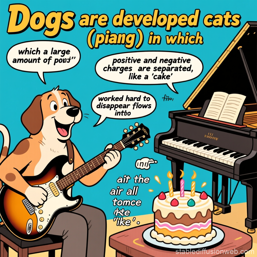 Cartoon Dog Playing Guitar with Cake and Piano